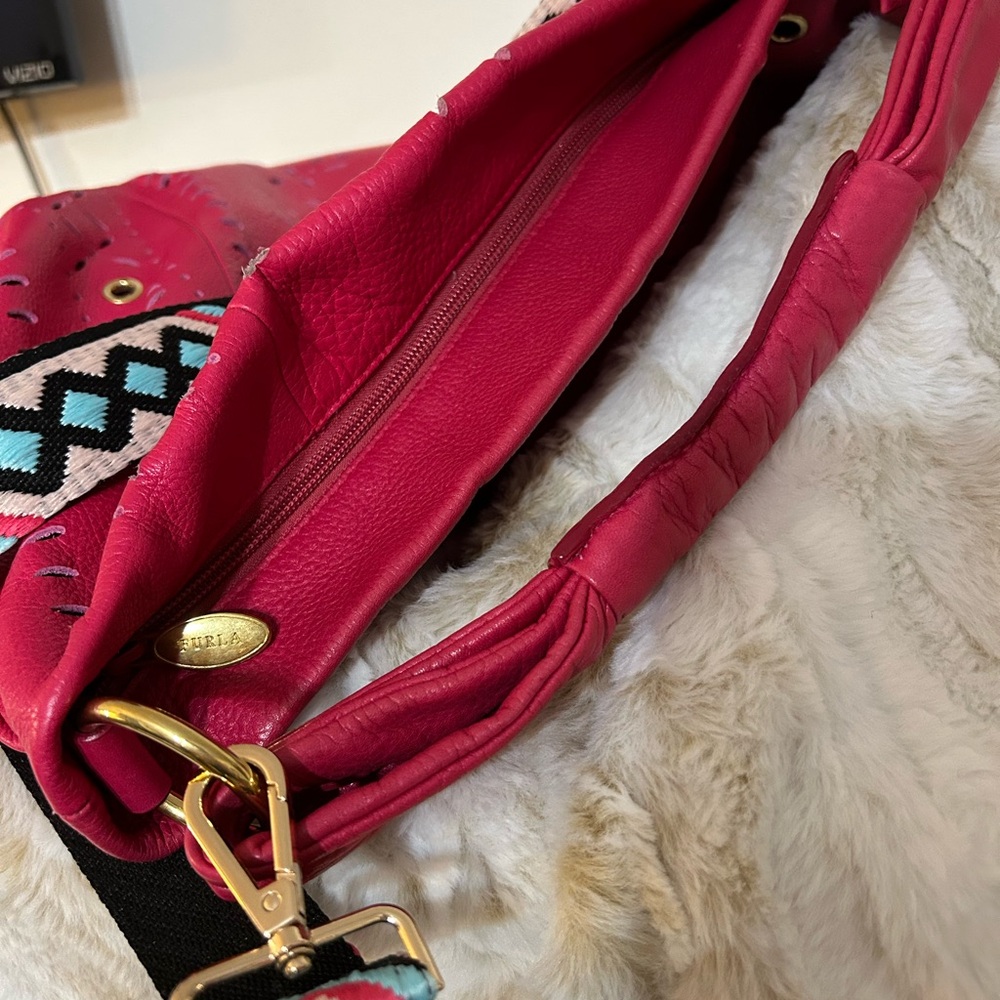 EUC Furla Laser Cut Leather Fuchsia Hobo Bag with unbranded guitar strap - Picture 6 of 8